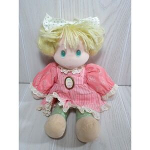 Amtoy vintage yarn hair blonde doll pink dress plush 1985 green dot bow legs